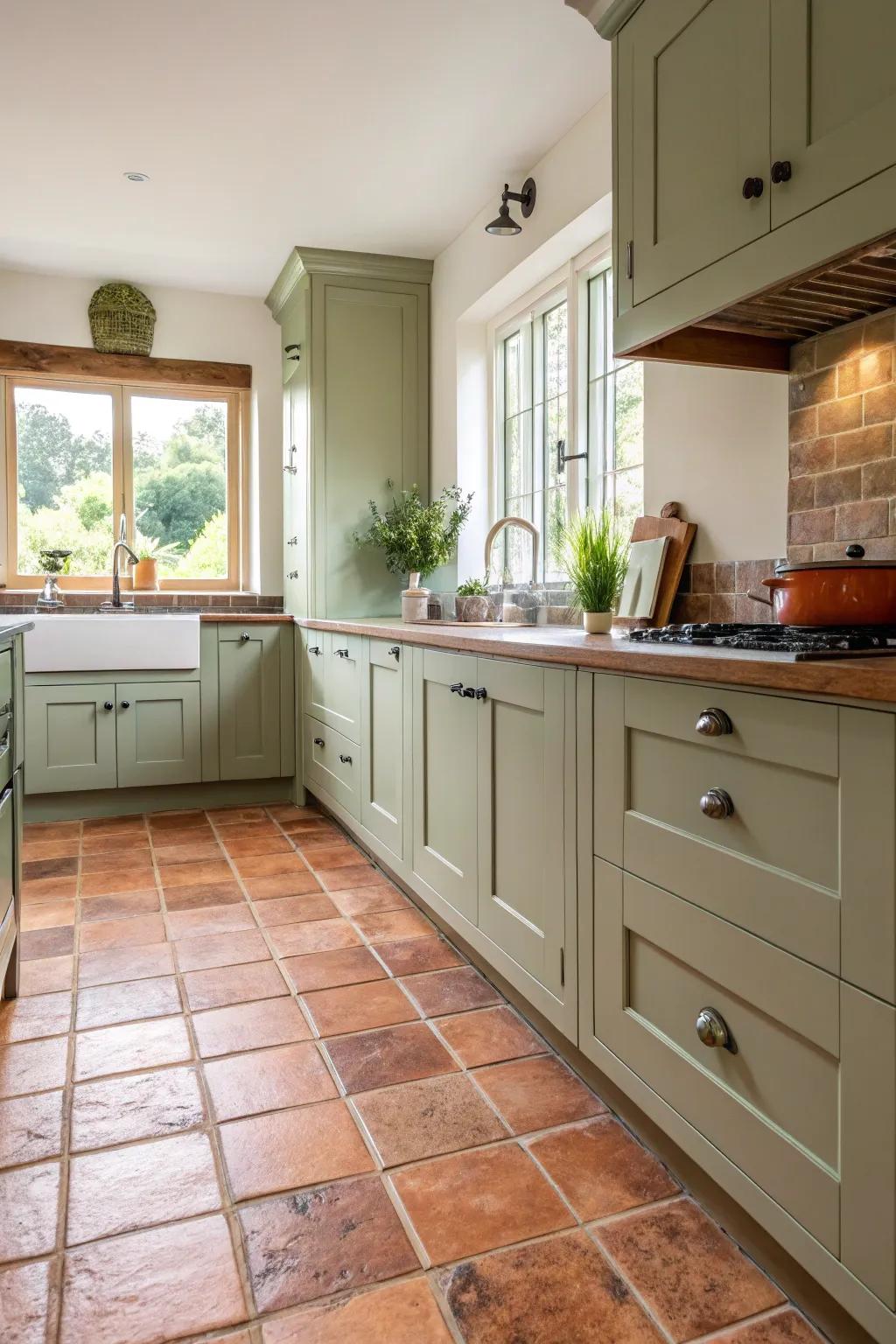 Terracotta tiles add warmth to the verdant cooking area.
