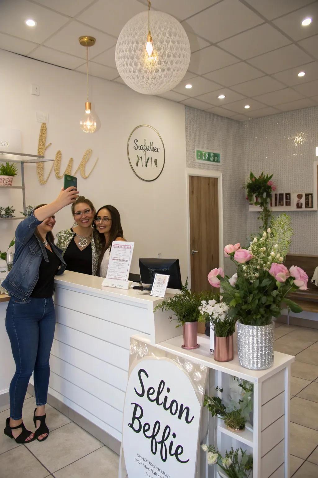 A salon reception area that features a stylish photo spot for client engagement.