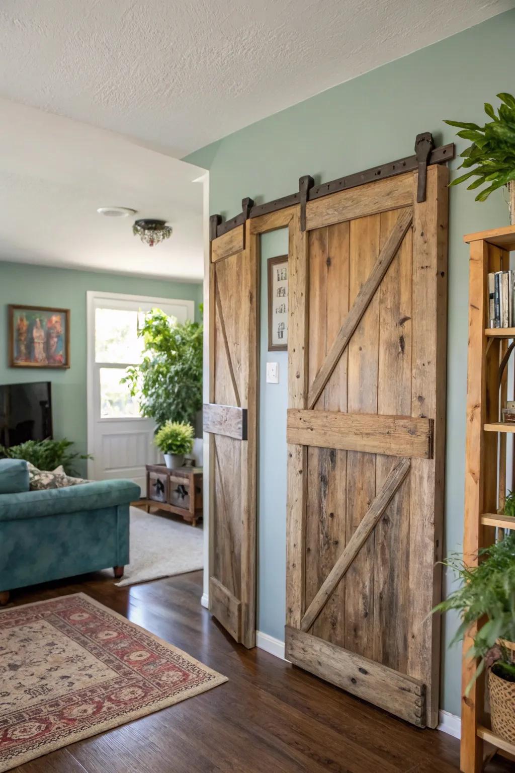 Reused swinging doors provide eco-friendly appeal.