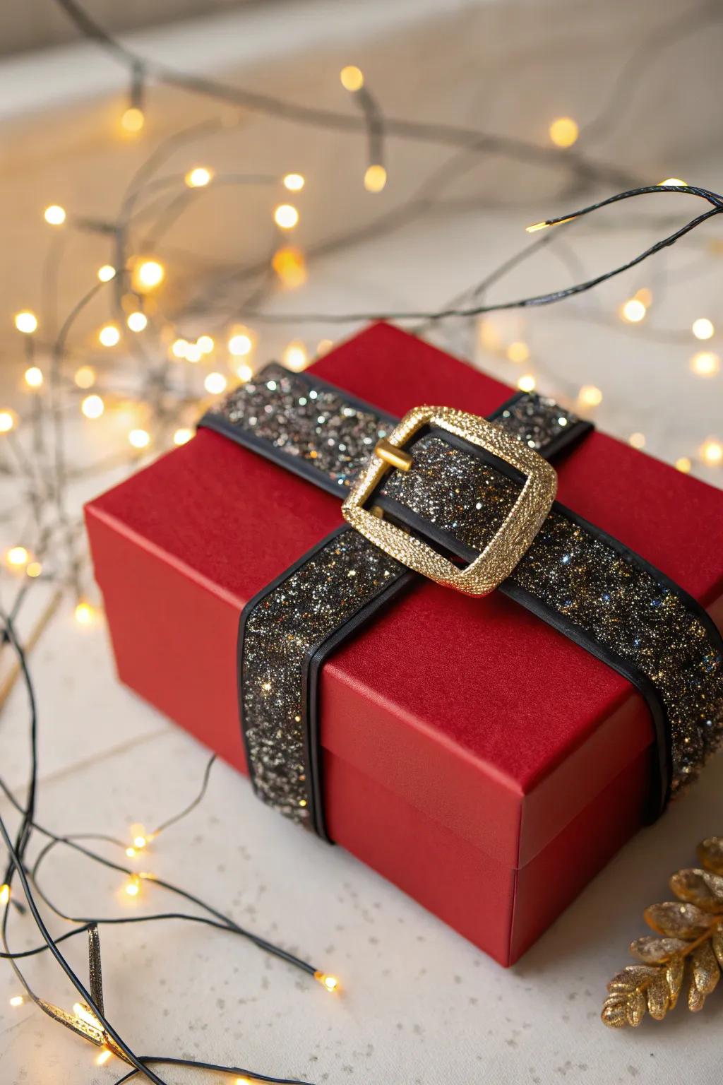 Glittery details make Santa's belt container sparkle and shine.