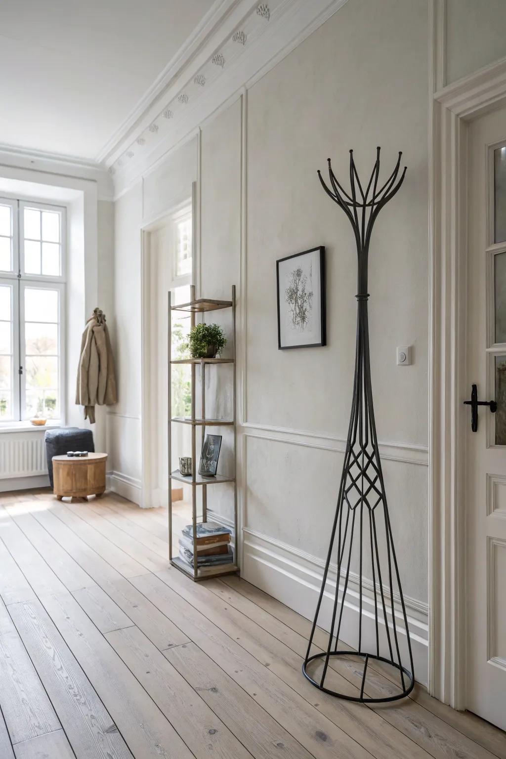 A wall with a minimalist metal sculpture in a Scandinavian styled room