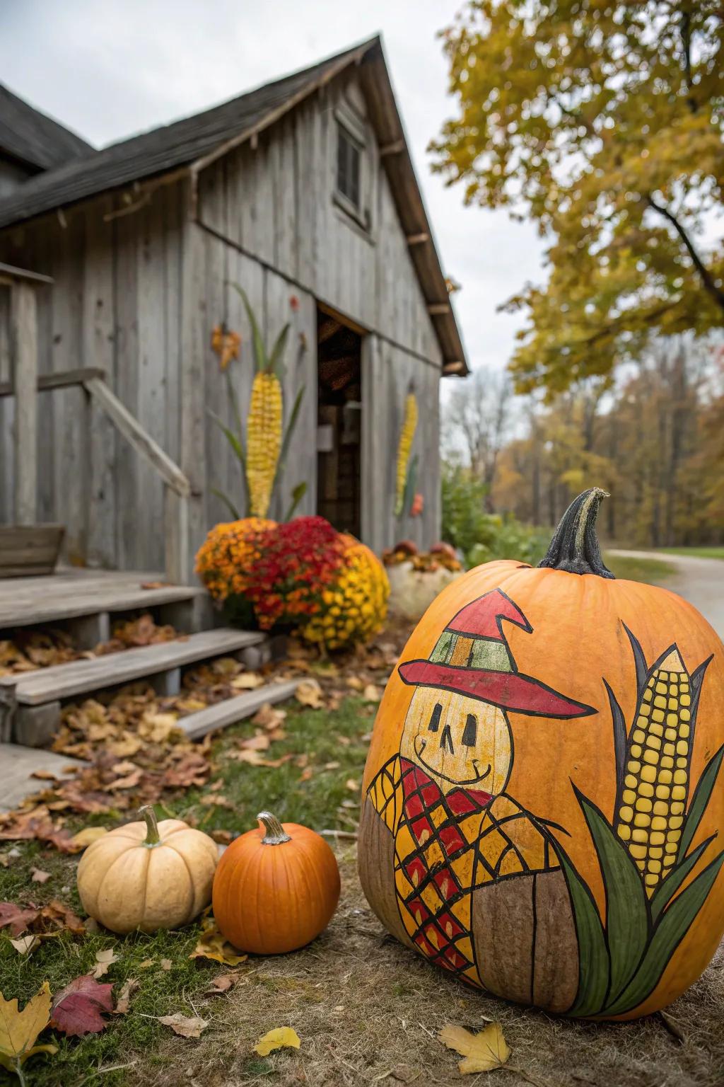 A corn motif honors the harvest on this scarecrow pumpkin.