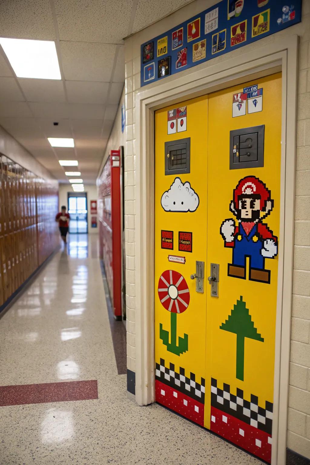 A nostalgic retro gaming-themed school entrance.
