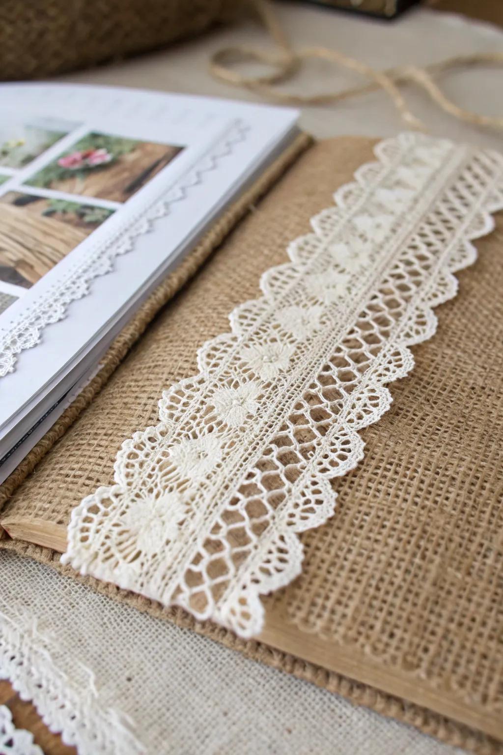 Elevate your scrapbook through the allure of lace and burlap &ndash; where simplicity converges with tactile beauty.