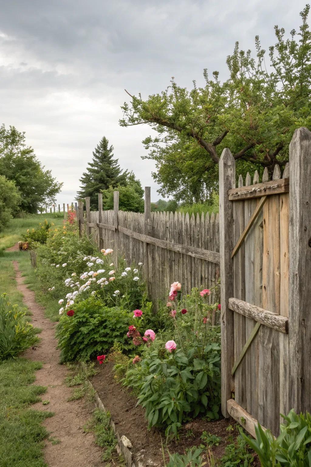 Reclaimed timber adds character and sustainability to this charming partially-private fence.