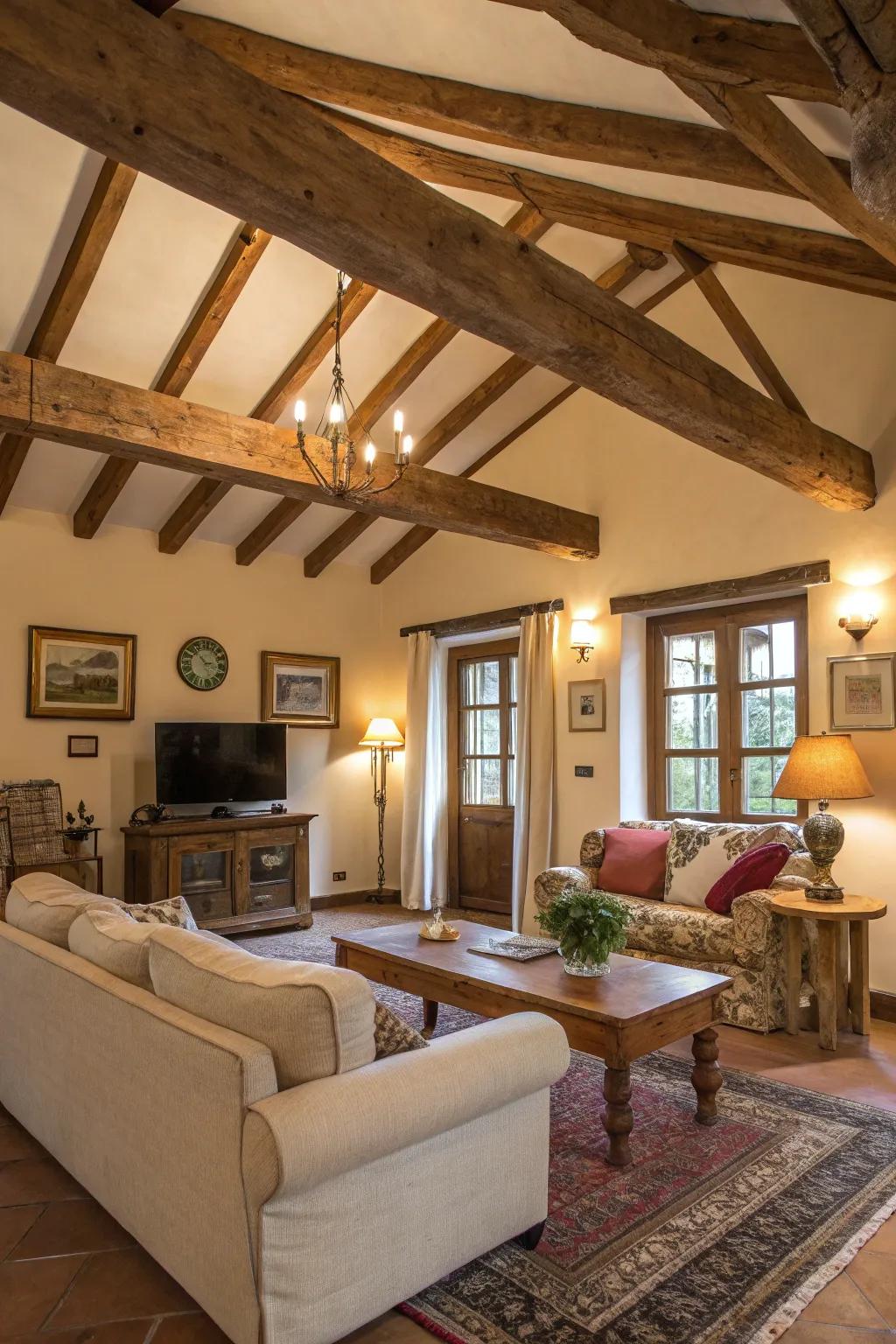 Rustic appeal and architectural interest are added by exposed beams.