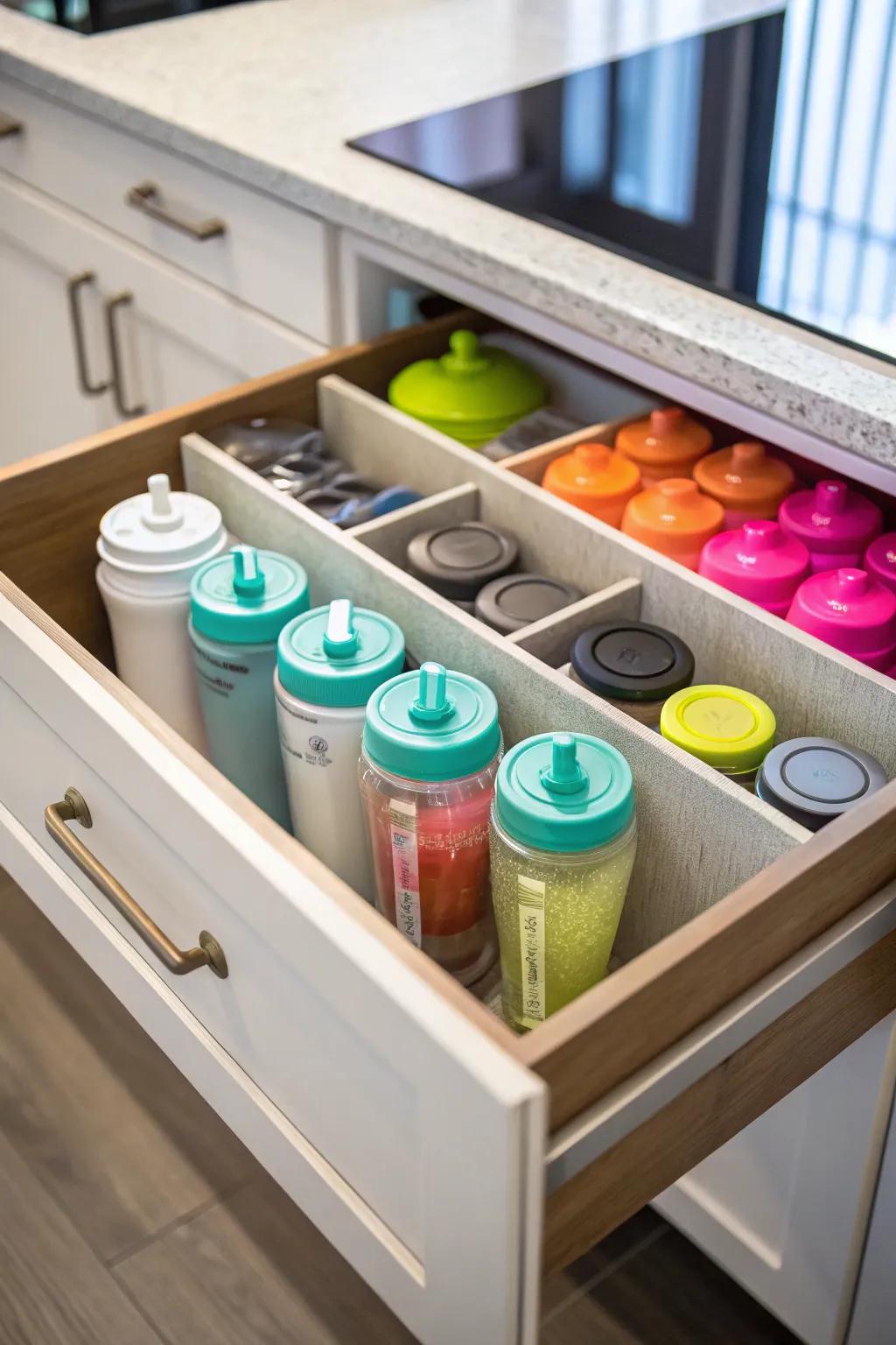 Custom drawer dividers provide an organized space for protein mixers.