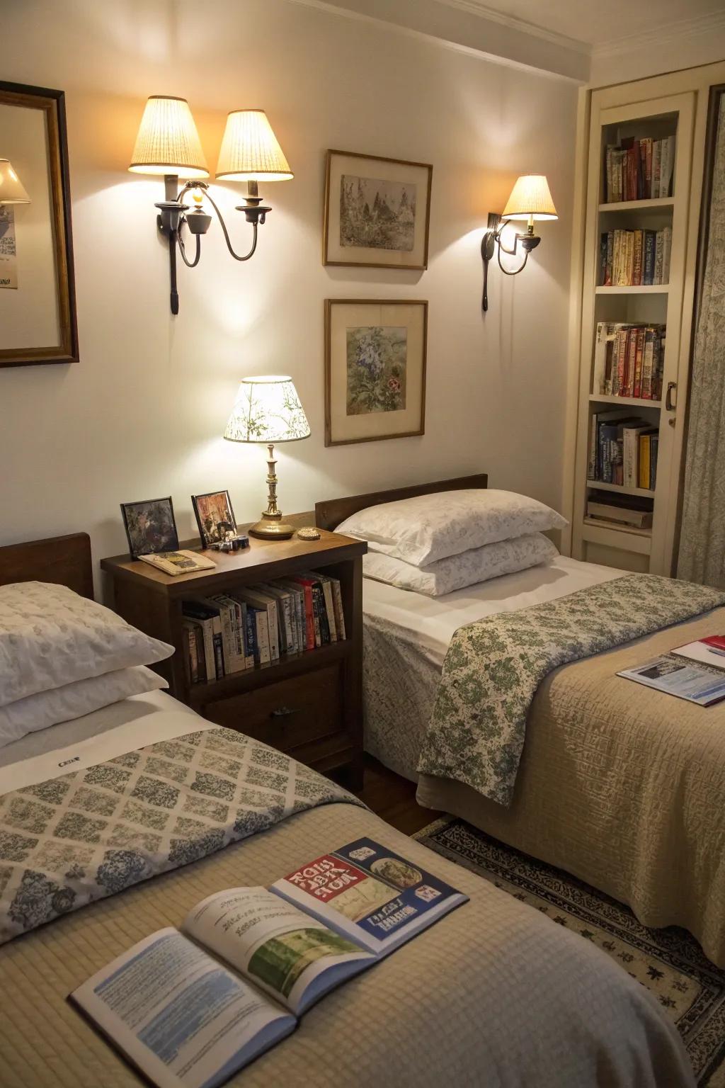 Wall-mounted lamps provide personal lighting for bedtime stories.