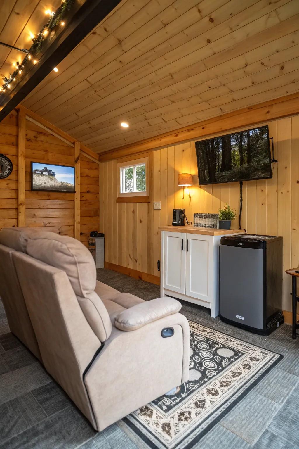 A shed turned into a personalized den for relaxation and leisure.