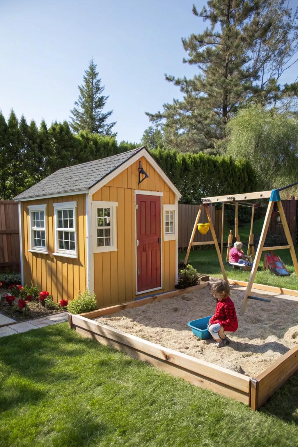 An outbuilding doubles as storage and a playful hideaway for kids.
