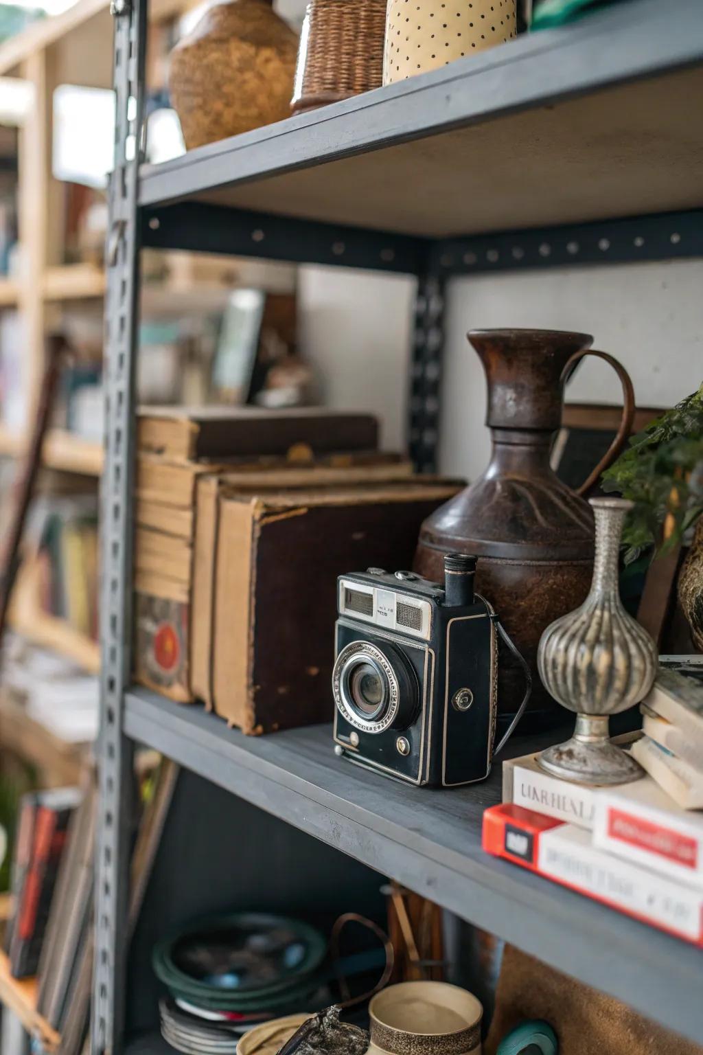 Unforeseen items like a vintage film camera infuse intrigue into the shelf.