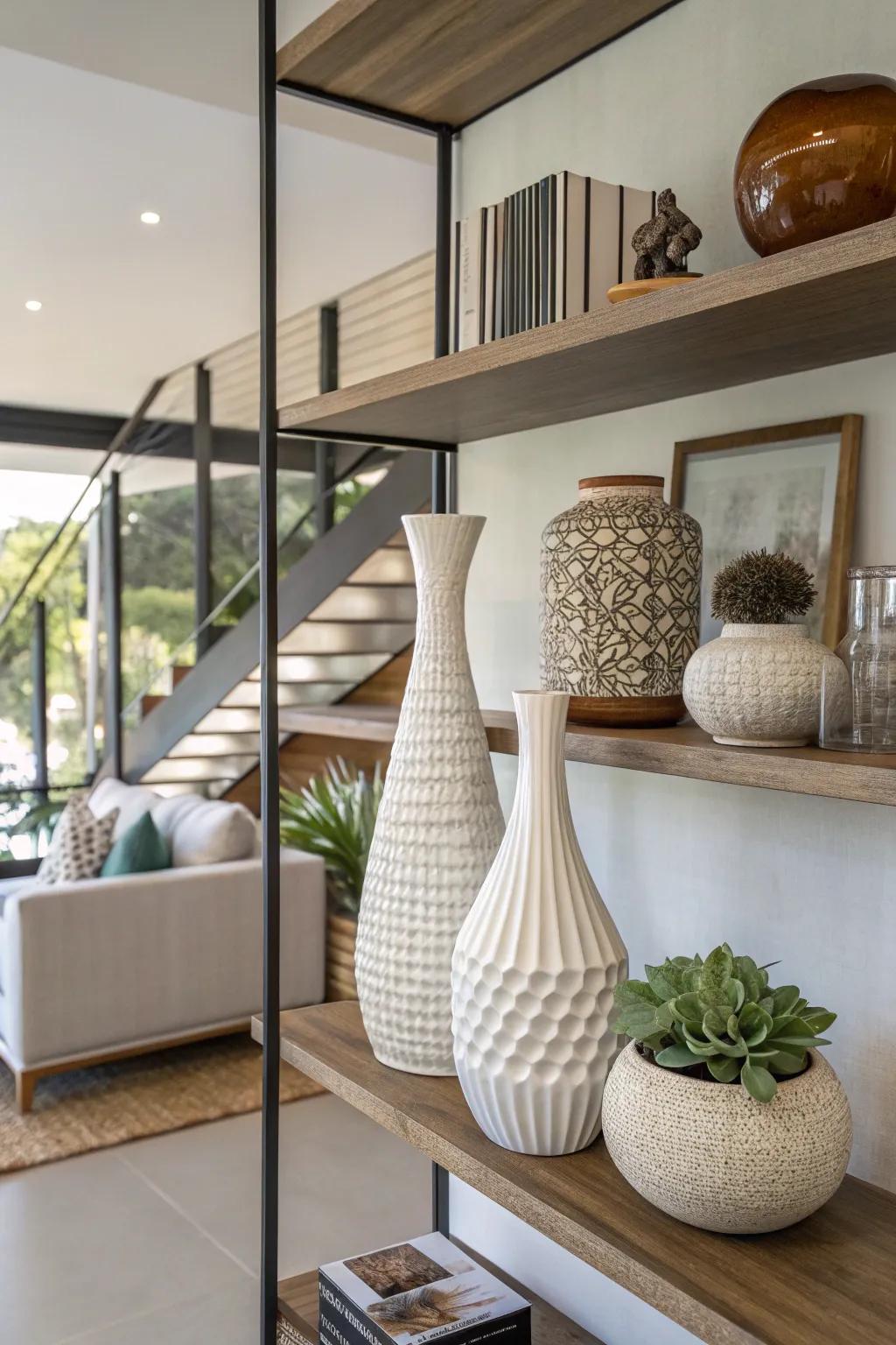 Varying item heights introduces visual interest to shelves.