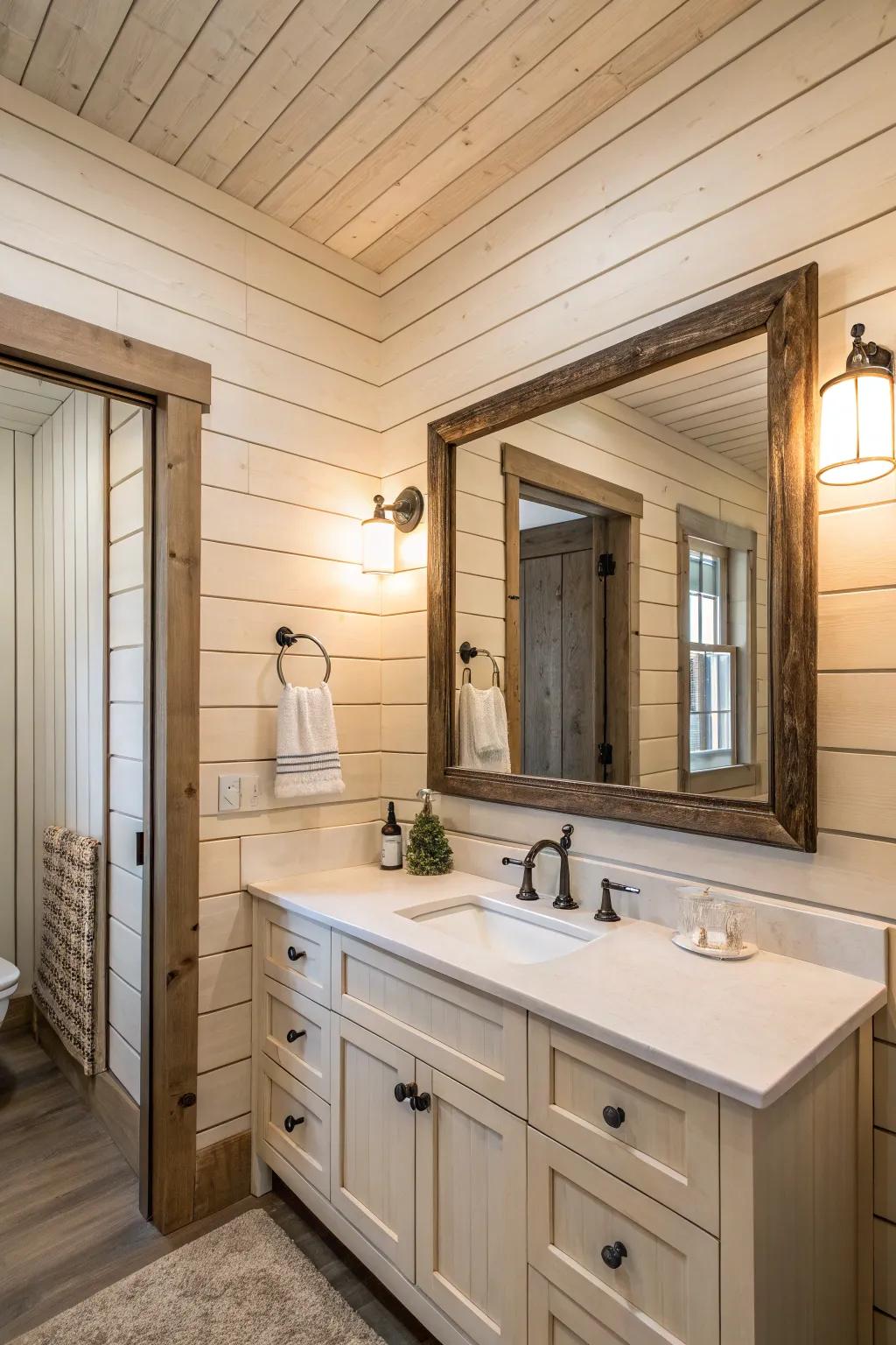 A bathroom featuring a wall plank scene for a statement mirror.