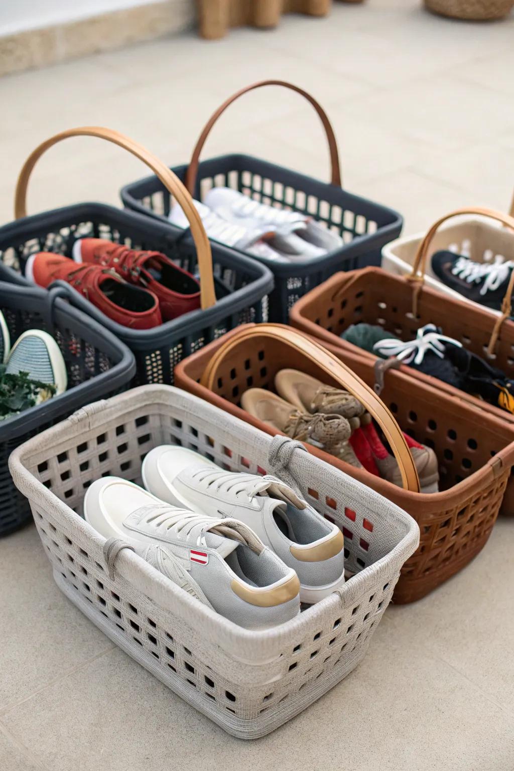 Baskets with handles offer practical and transportable shoe storage.