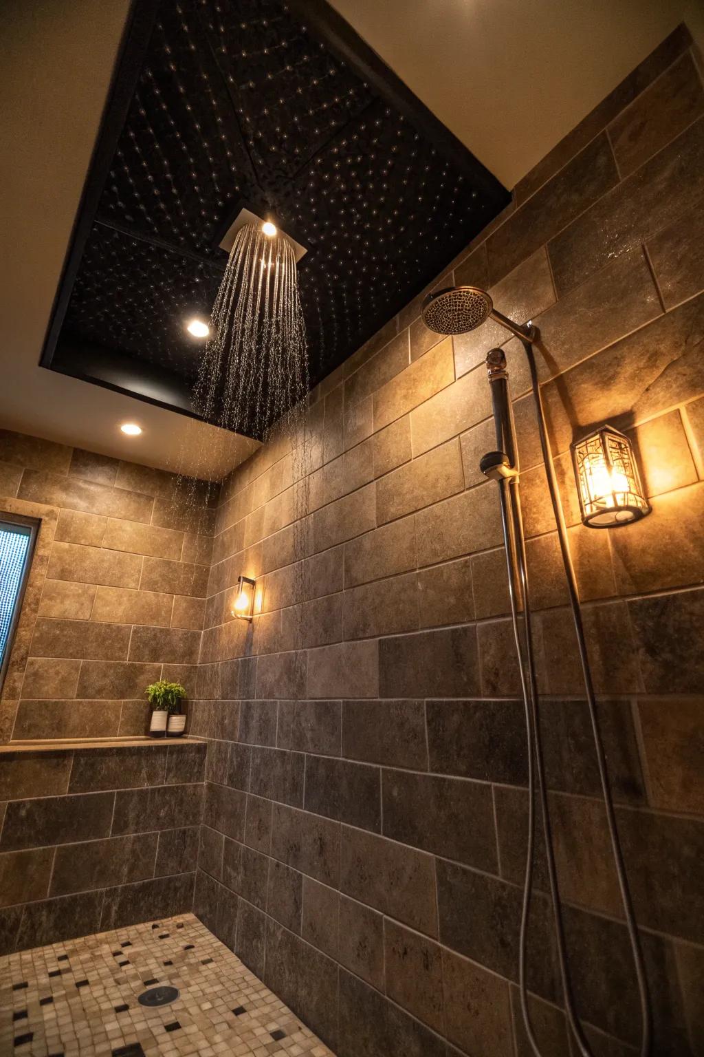 Dark ceilings create a dramatic, cozy atmosphere.