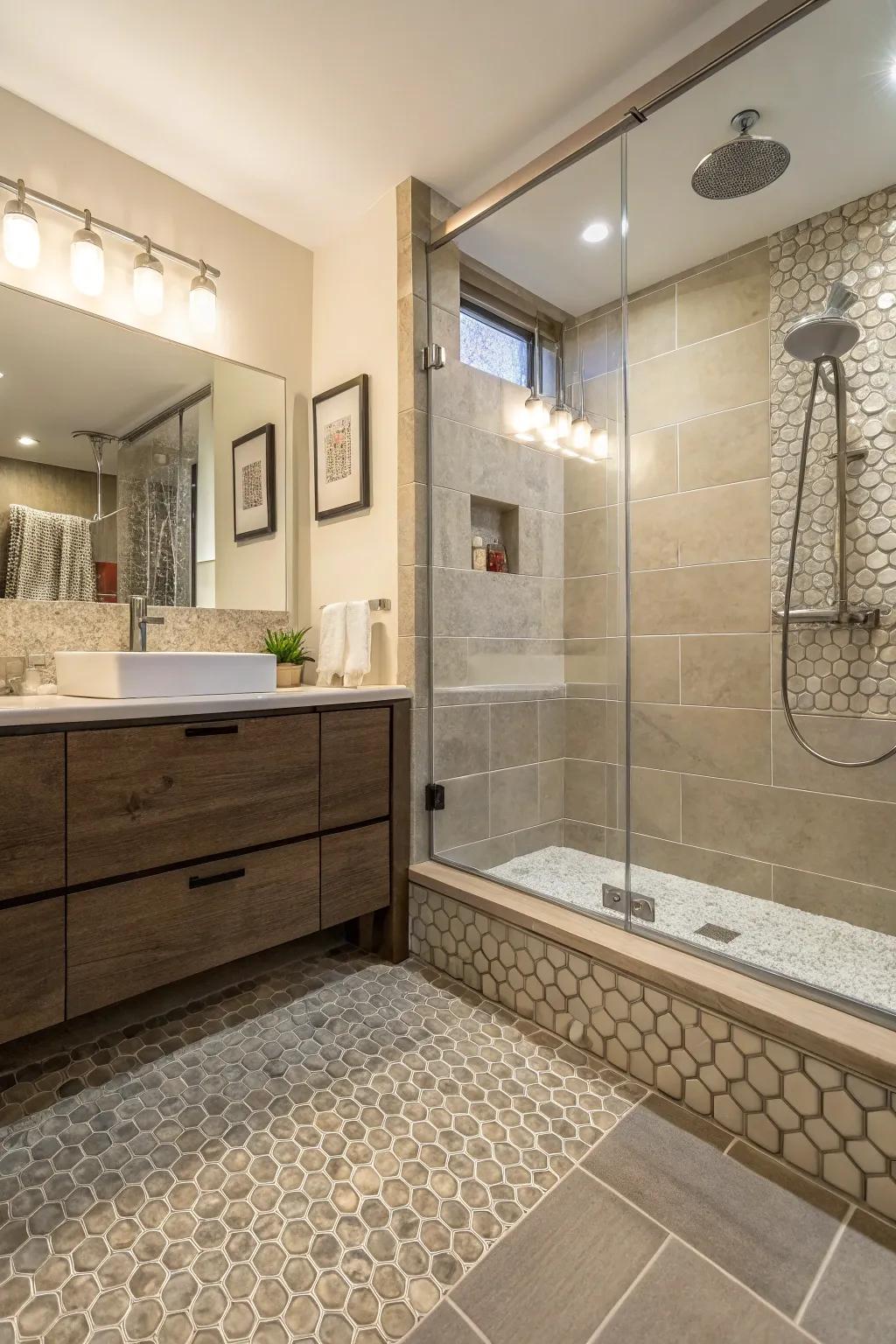 Textured tiles provide depth and interest to the shower area.