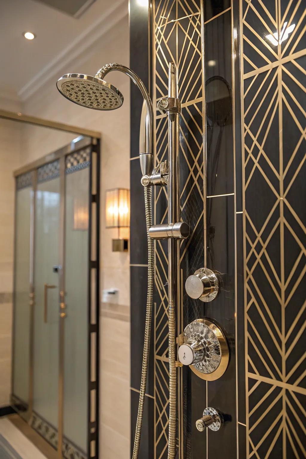 A shower filled with Art Deco-influenced geometric decorations and gold-tone coatings.