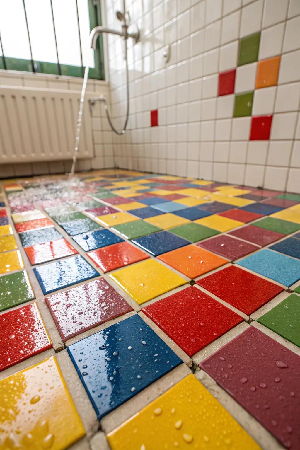Make a bold statement with colorful shower floor coverings.