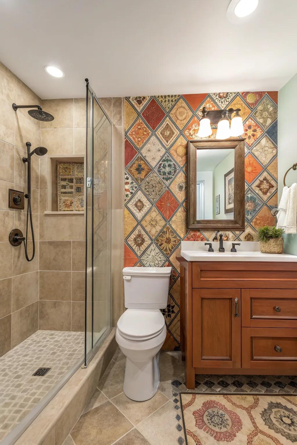 Feature walls add description and character to bathroom layouts.