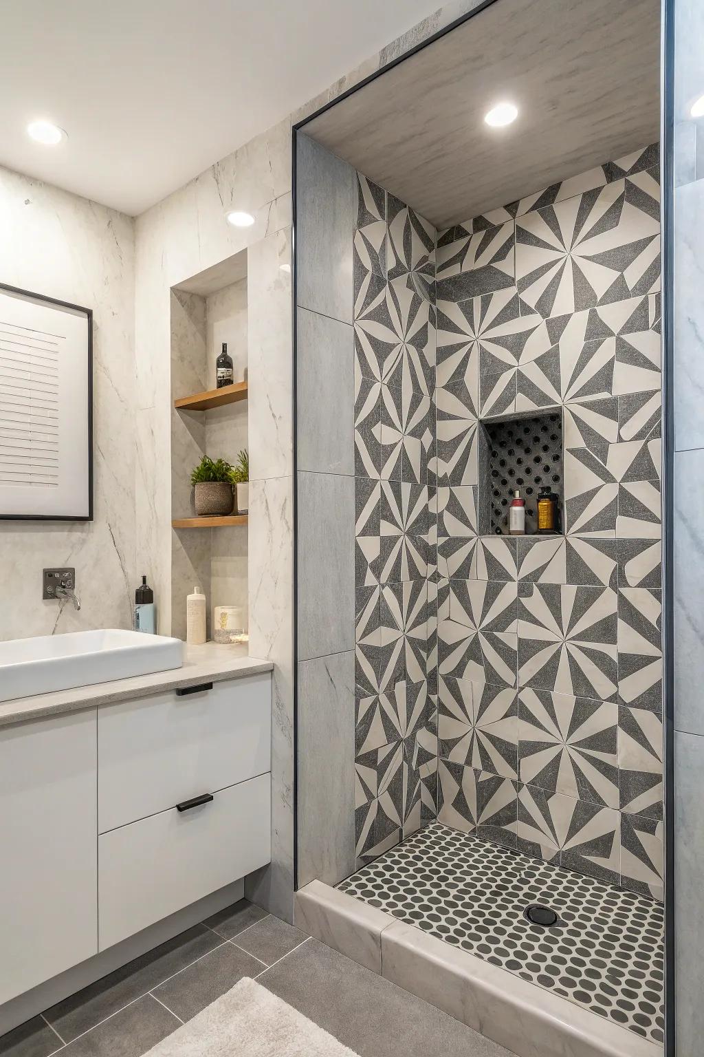 Geometric patterns bring a contemporary touch to a shower recess