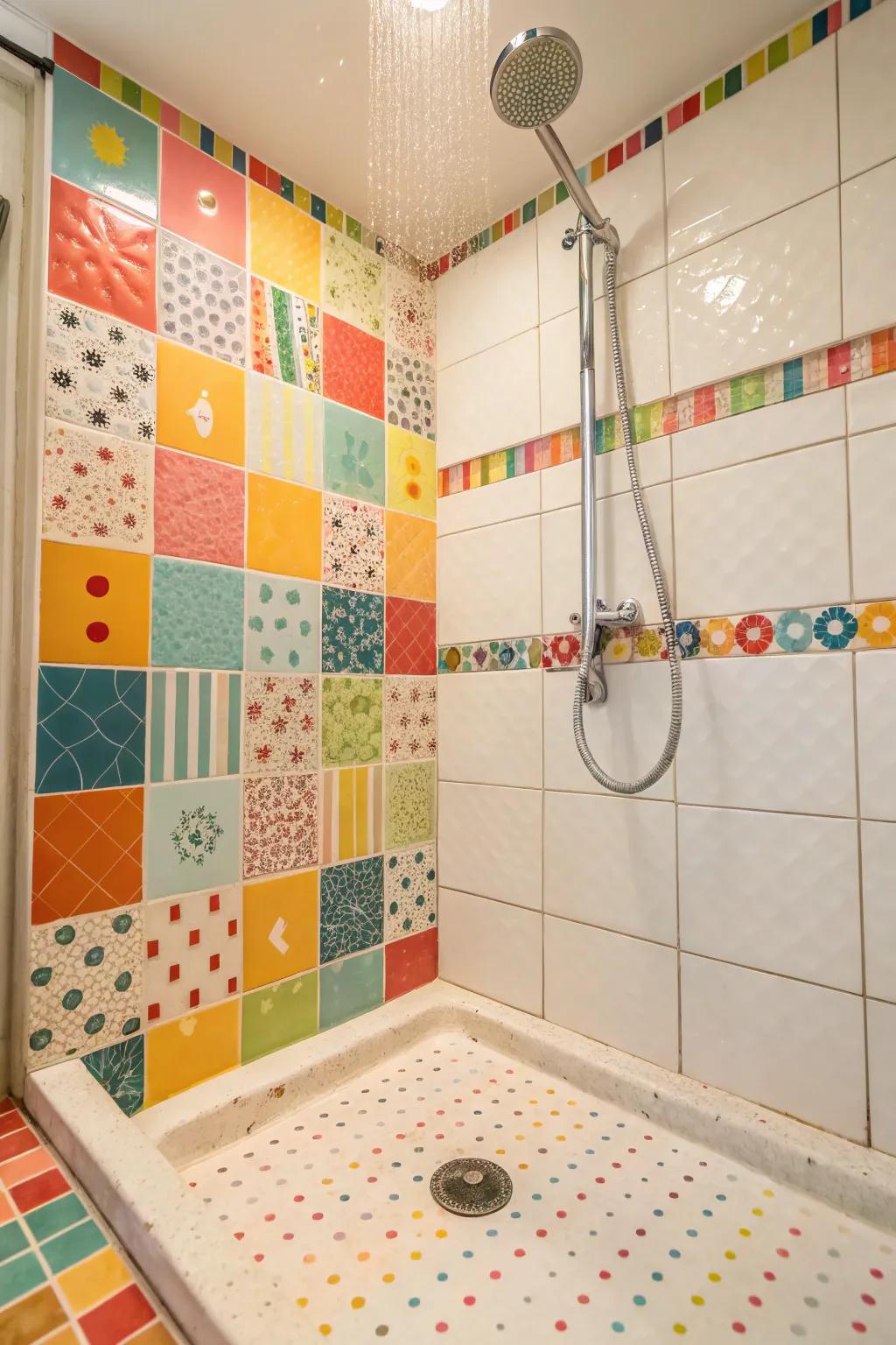 A shower base with a vibrant mix of brightly colored tiles for a bright and energetic look.
