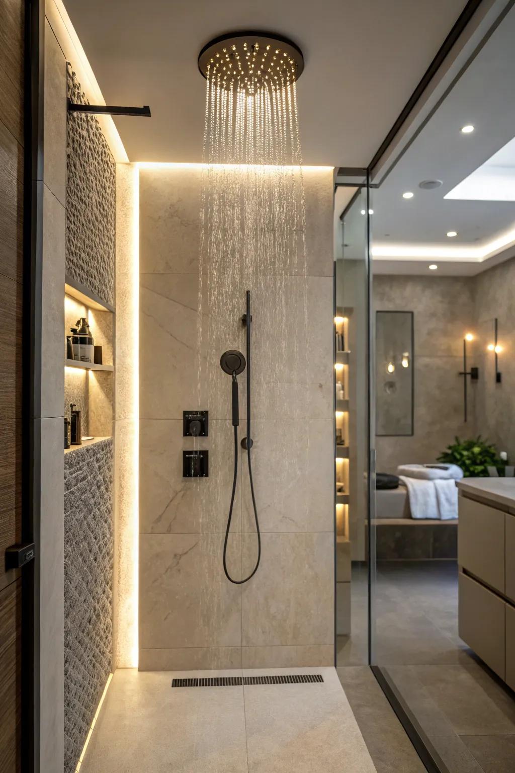 A shower space with accent lighting to highlight its design features.