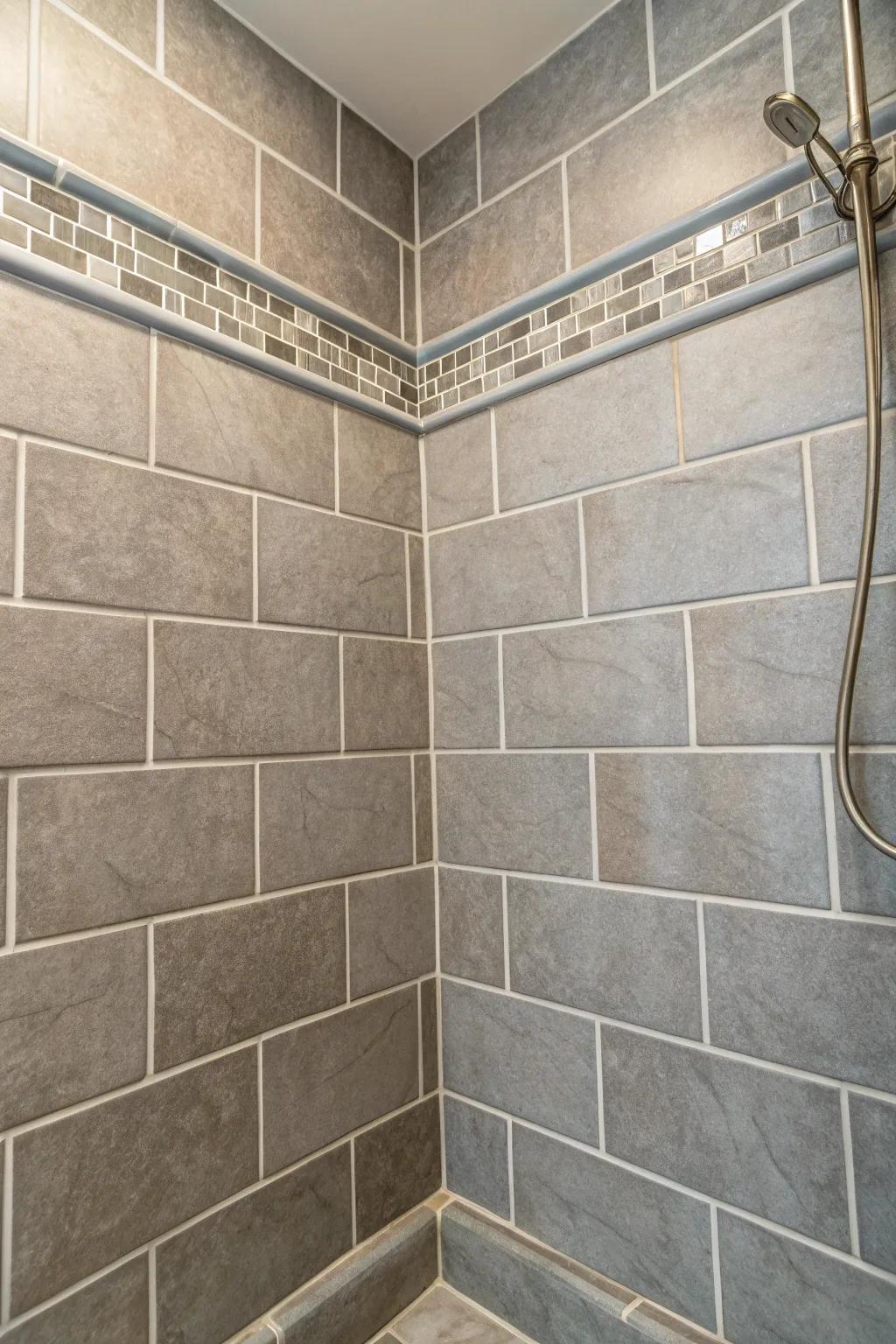 Gentle filler outlines exquisitely complementing grey tiles.