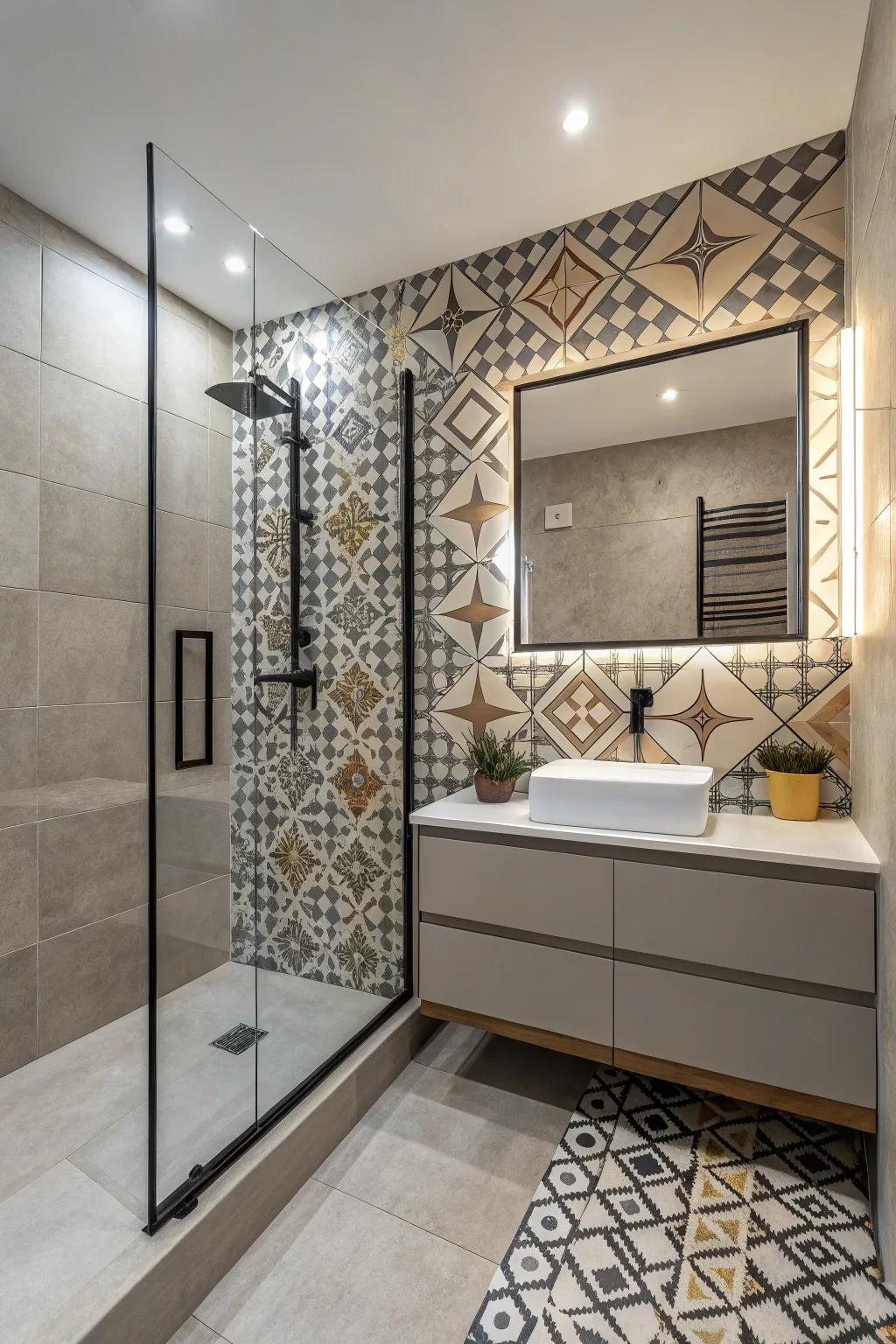 Geometric patterns add a contemporary flair to the bathroom.