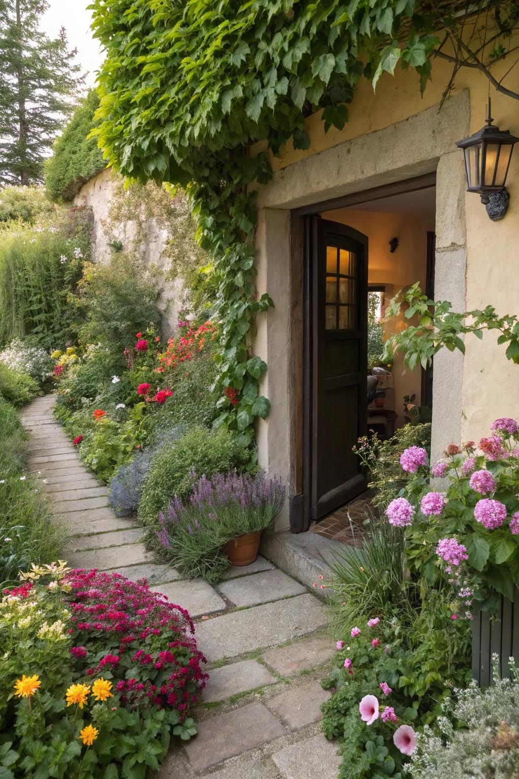 A petite garden adding vibrant life to the side entrance.