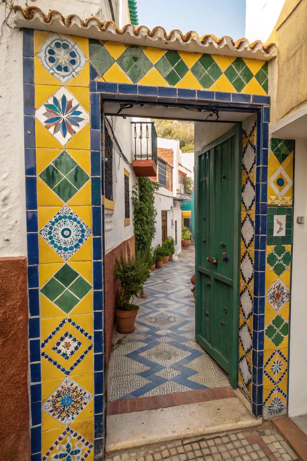 An entrance adorned in tiles emanating Mediterranean allure.