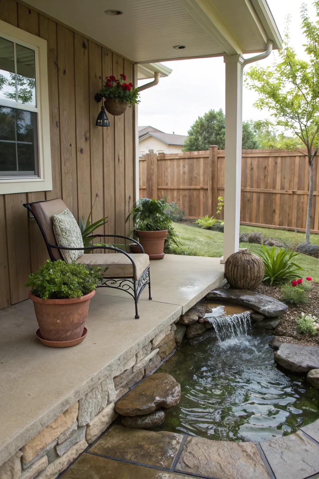 A tranquil water feature creates a soothing ambiance on the side porch.