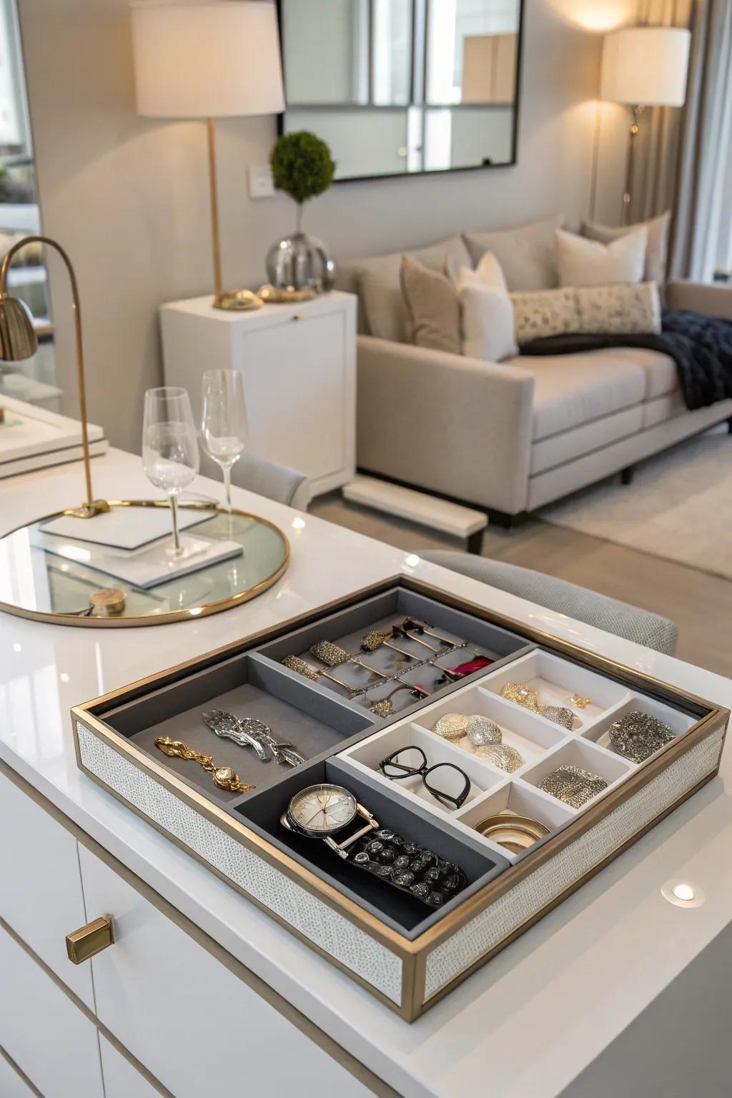 Ornamental platters on a credenza keep small items organized and chic.