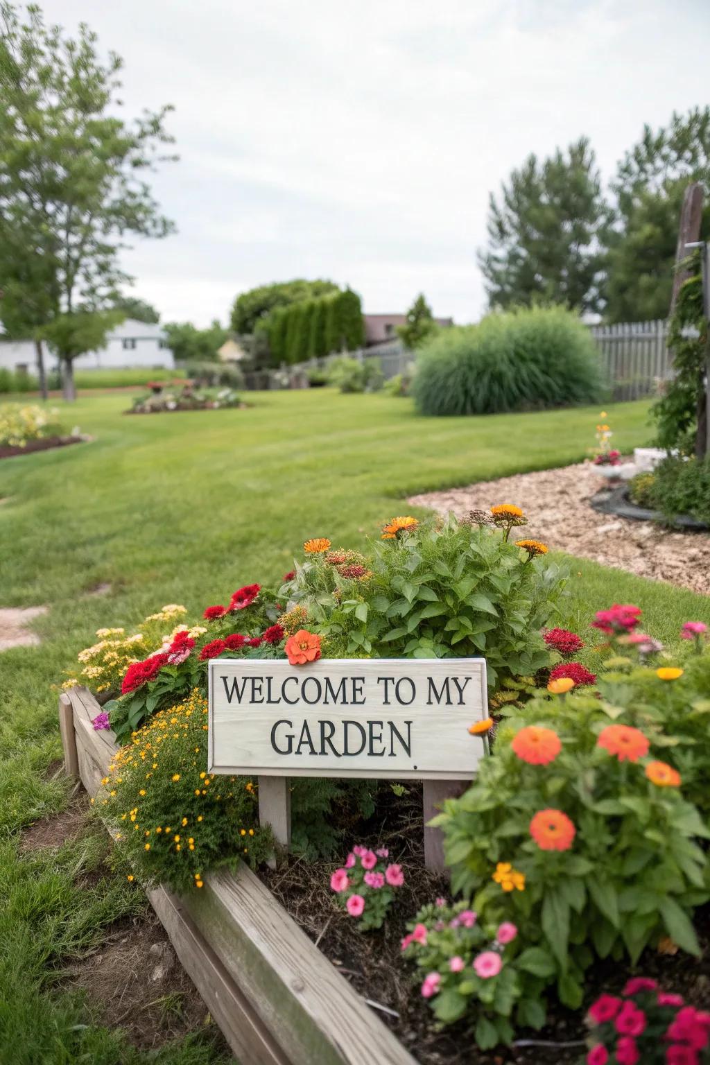 A backyard presents a gardening enthusiast display stating 'Welcome to My Garden' among the flowers.