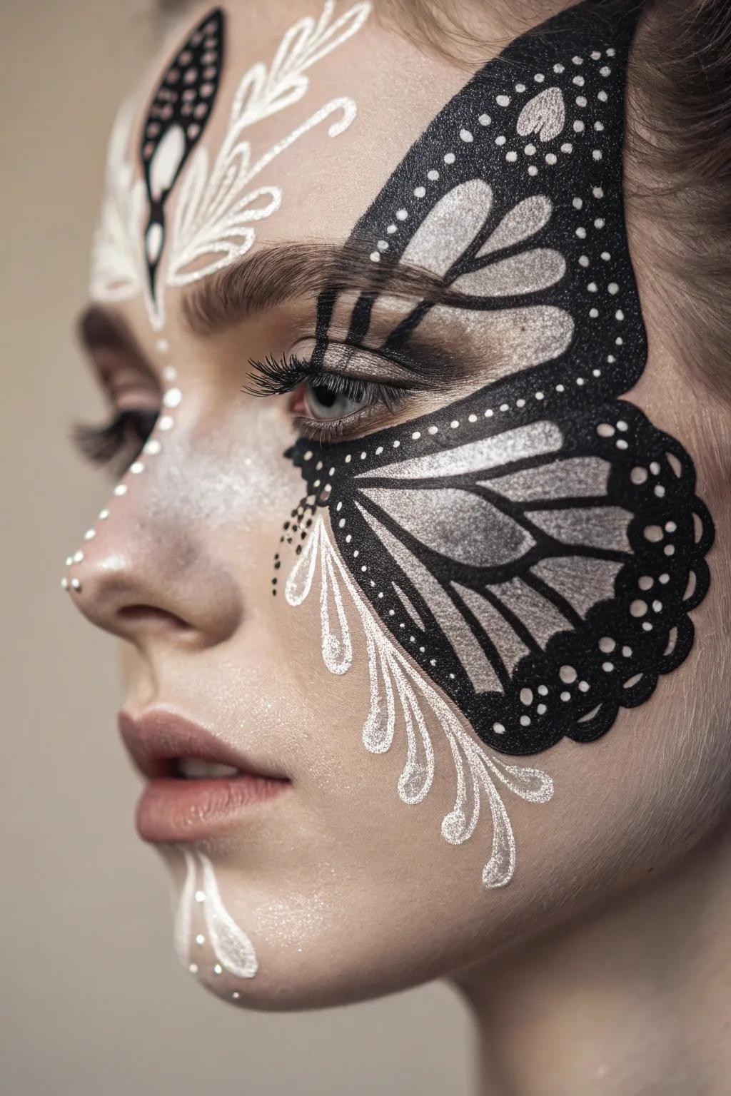 Embrace elegance with this monochromatic butterfly visage decoration, where simplicity meets sophistication.