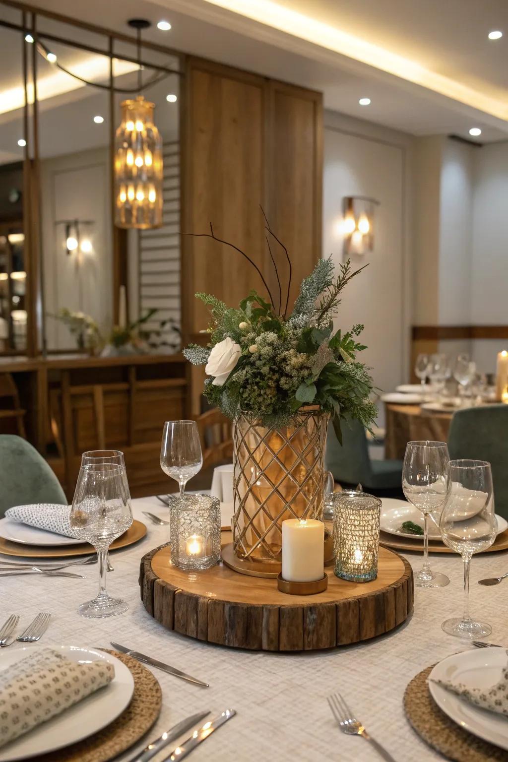 Mixing materials adds dimension and intrigue to this centerpiece.