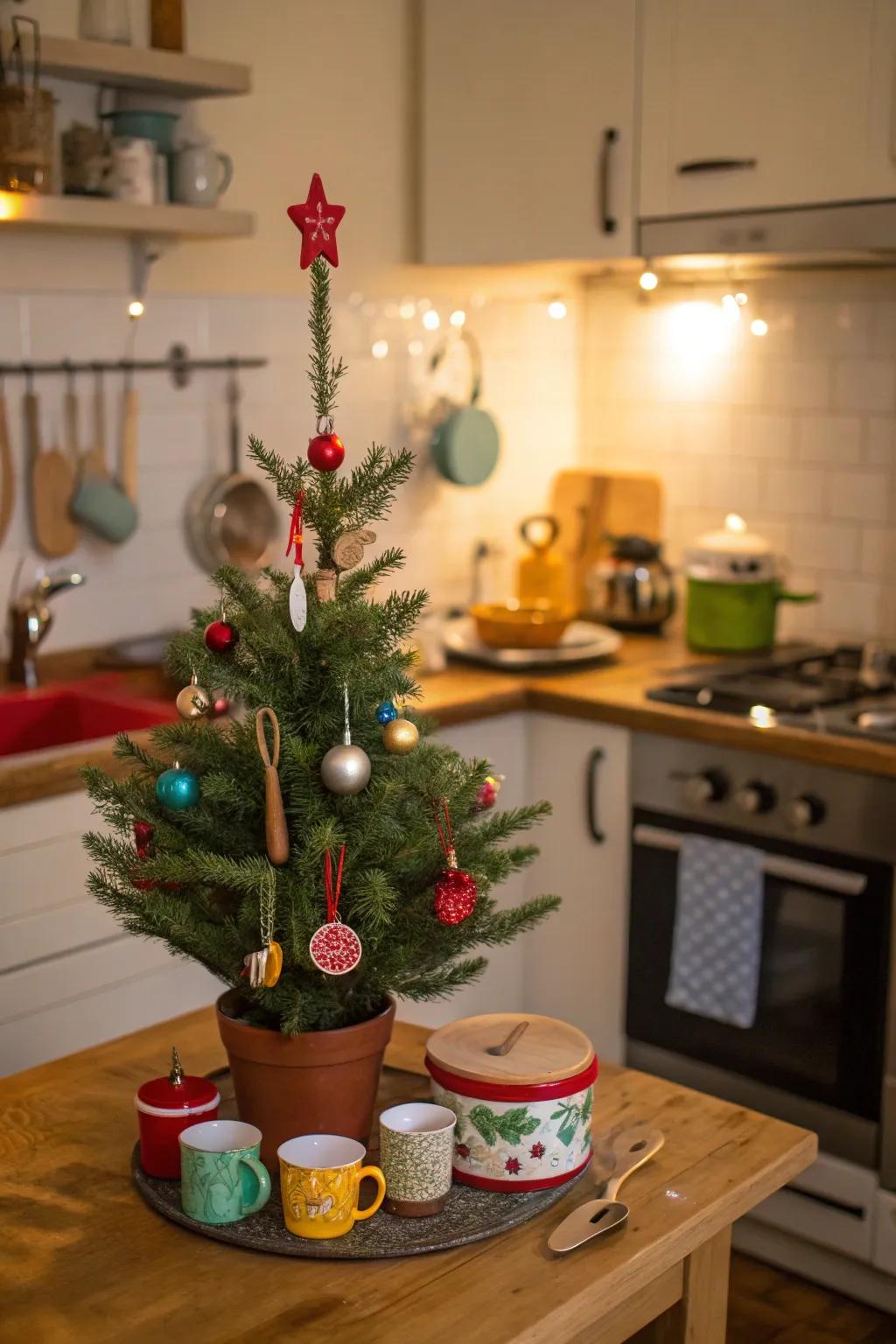 A scaled fir contributes celebratory cheer to the cooking area.