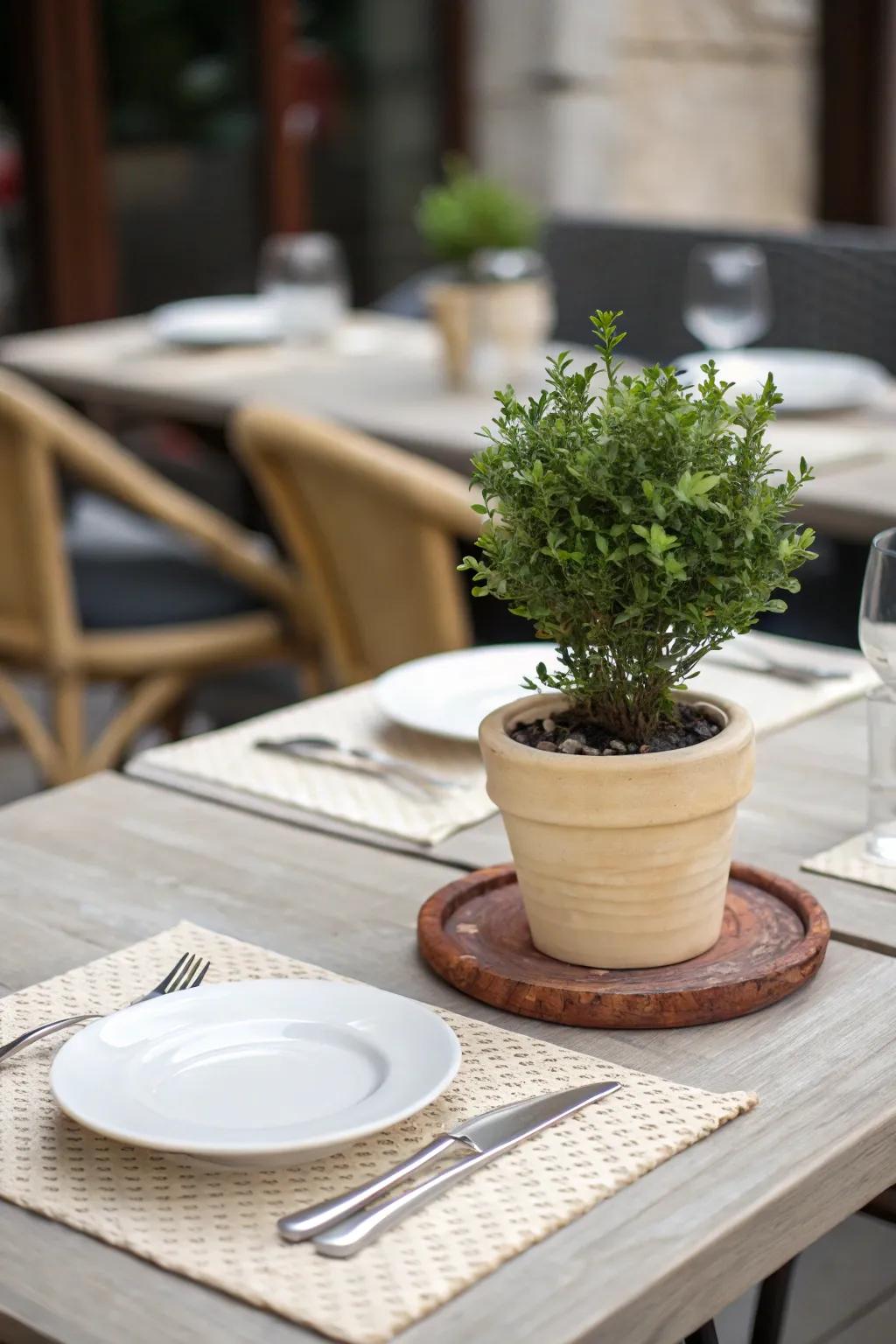 A living sprout introduces vibrancy to the table.