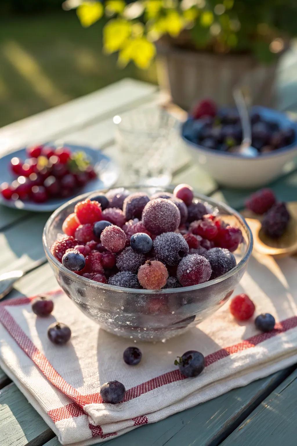 Iced fruit bites deliver a stimulating and refreshing option.