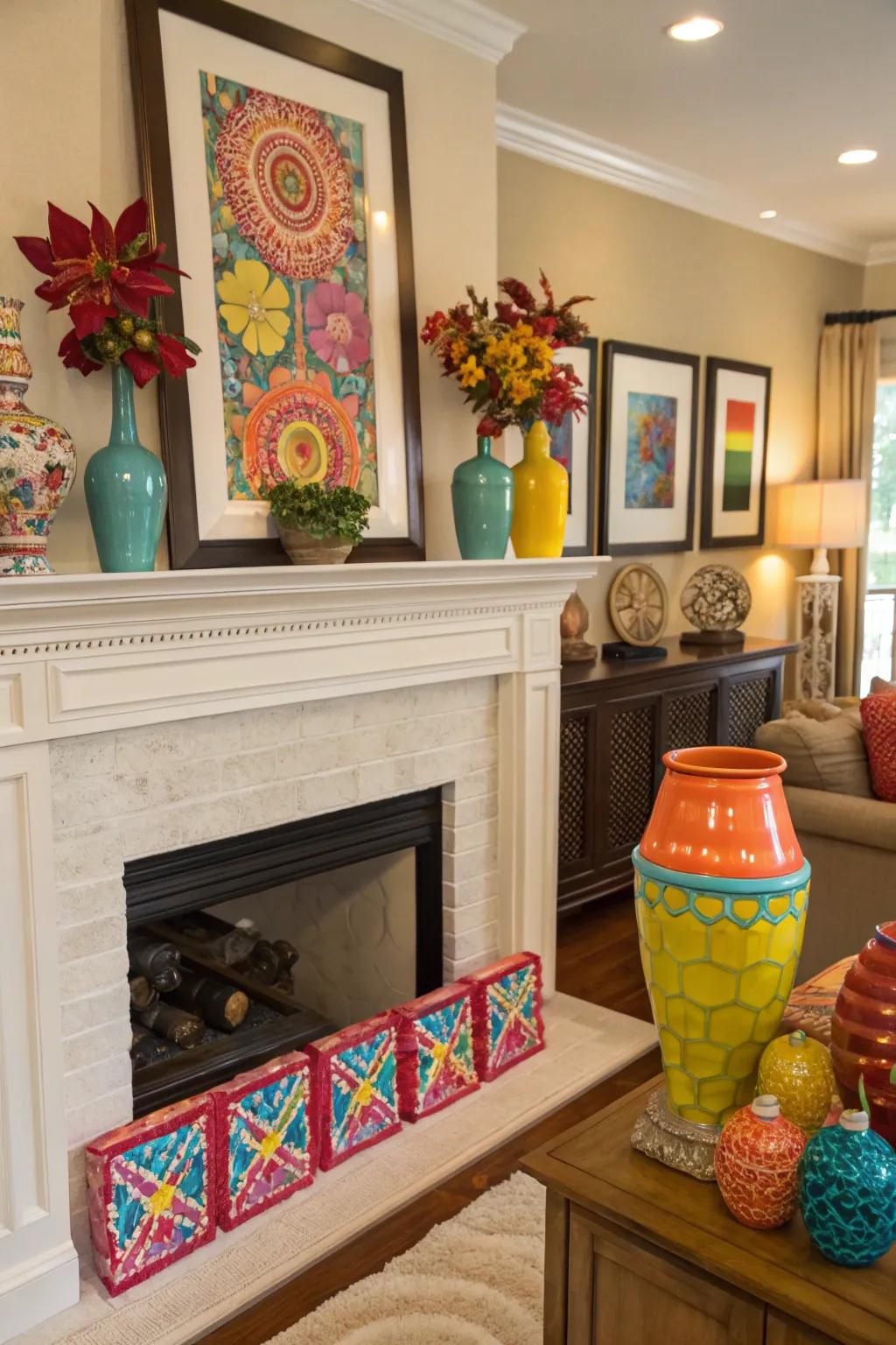 Bold accents bring zest to this everyday mantel.