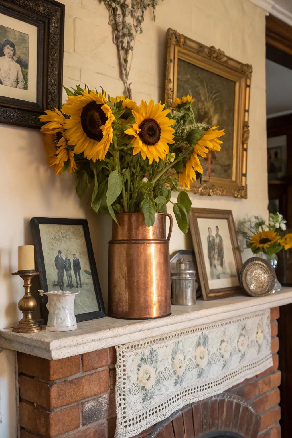 A copper holder gives a vintage feel to a sunflower exhibition.