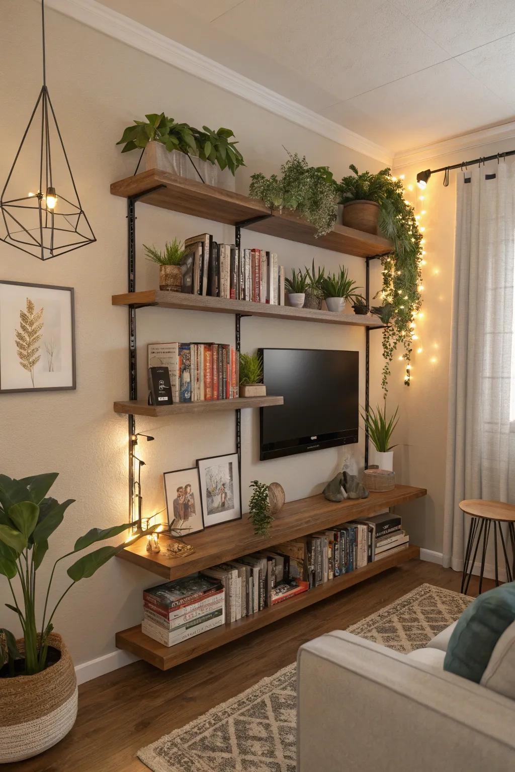 Maximize space and aesthetic appeal using floating shelves within your Sims 4 lounge.