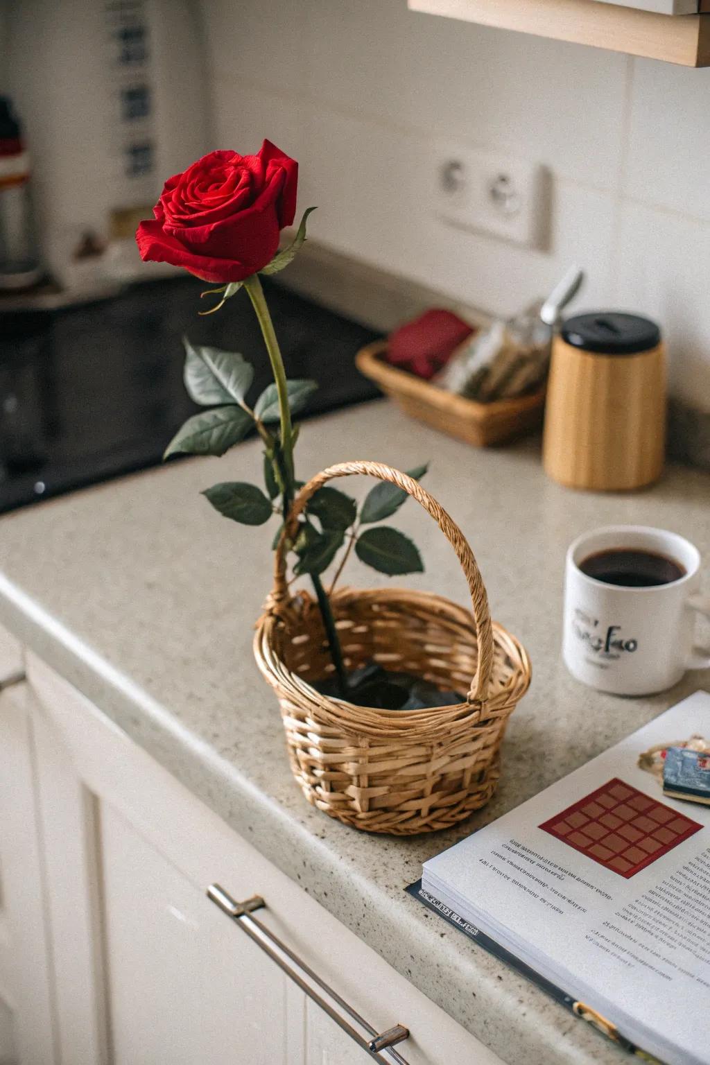 A woven basket delivers a natural setting suitable for a solitary rose.