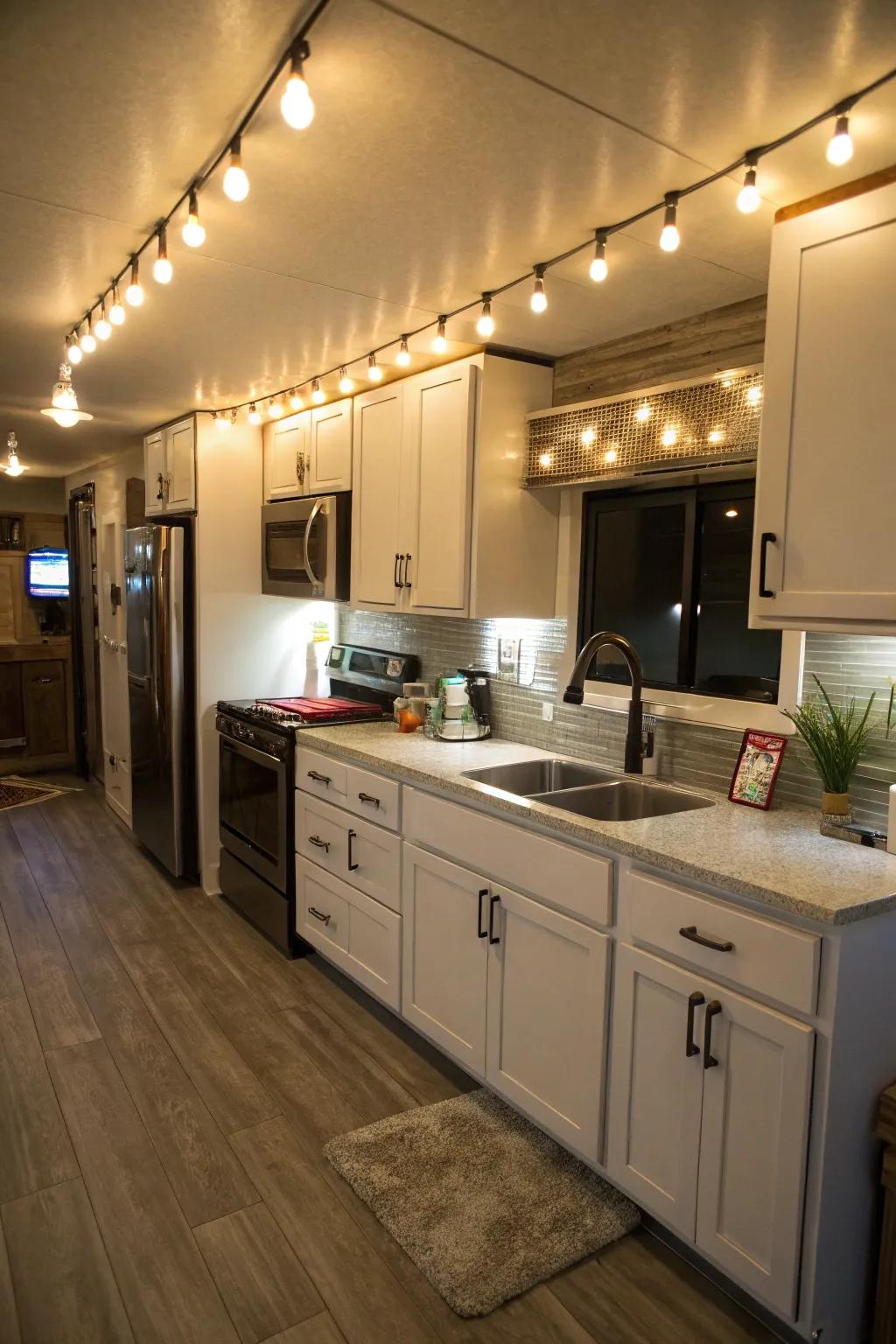 Under-cabinet lights enhance function and mood.