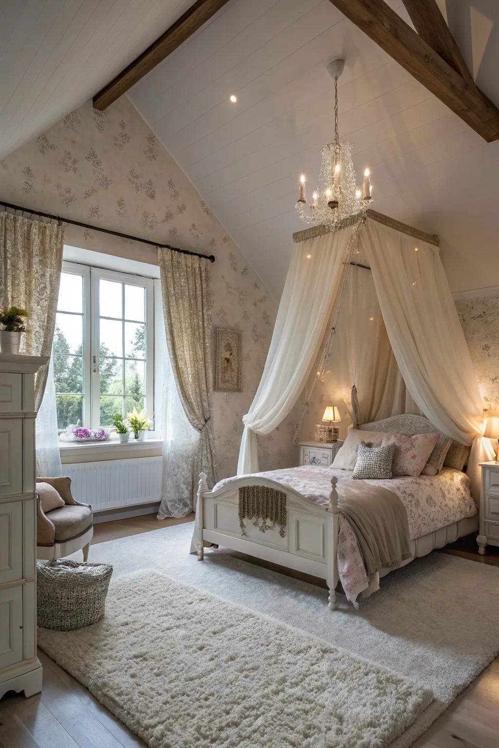 Window coverings add softness and elegance to the attic bedroom.