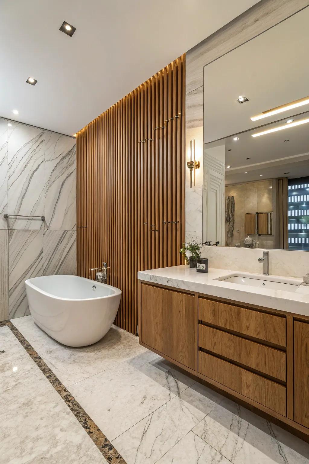 A bathing space converted into a spa-like retreat using a wood-look plank wall.