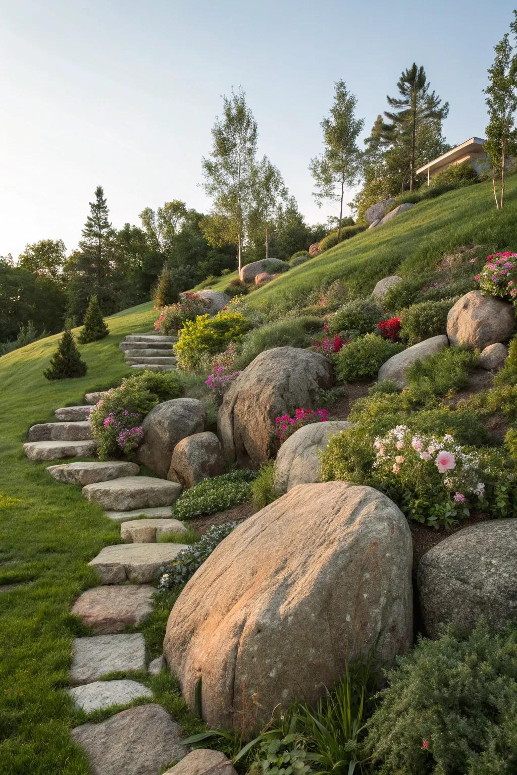 Boulders furnish steadiness and inherent charm to this slope.