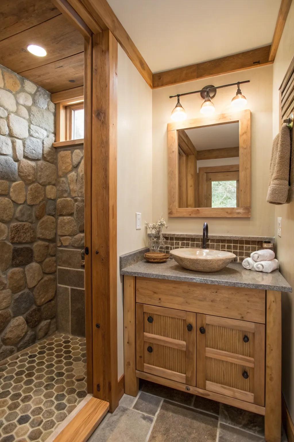 Natural materials create a warm atmosphere in a small bathroom.
