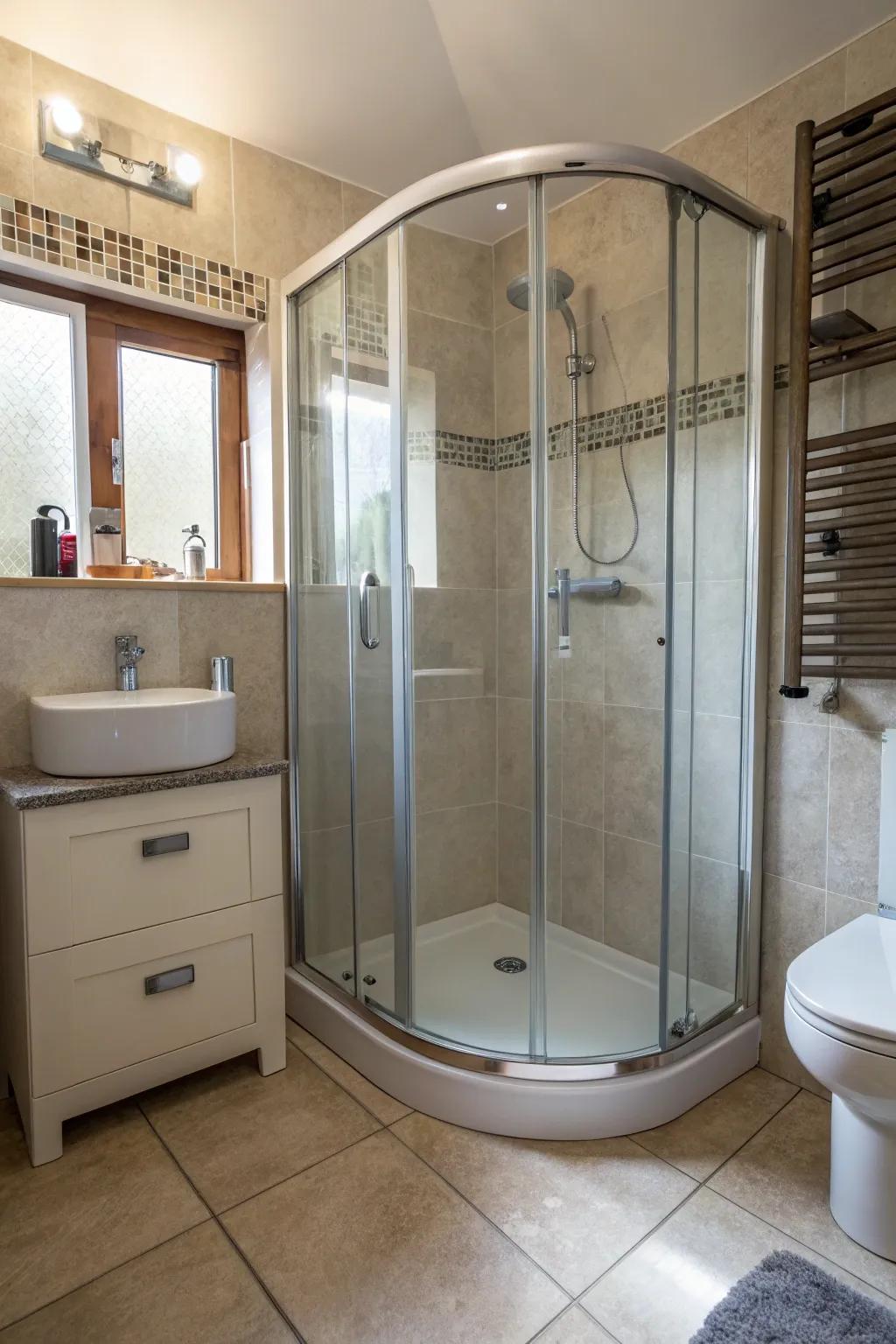 Curved frames add softness and flow to the bathroom design.