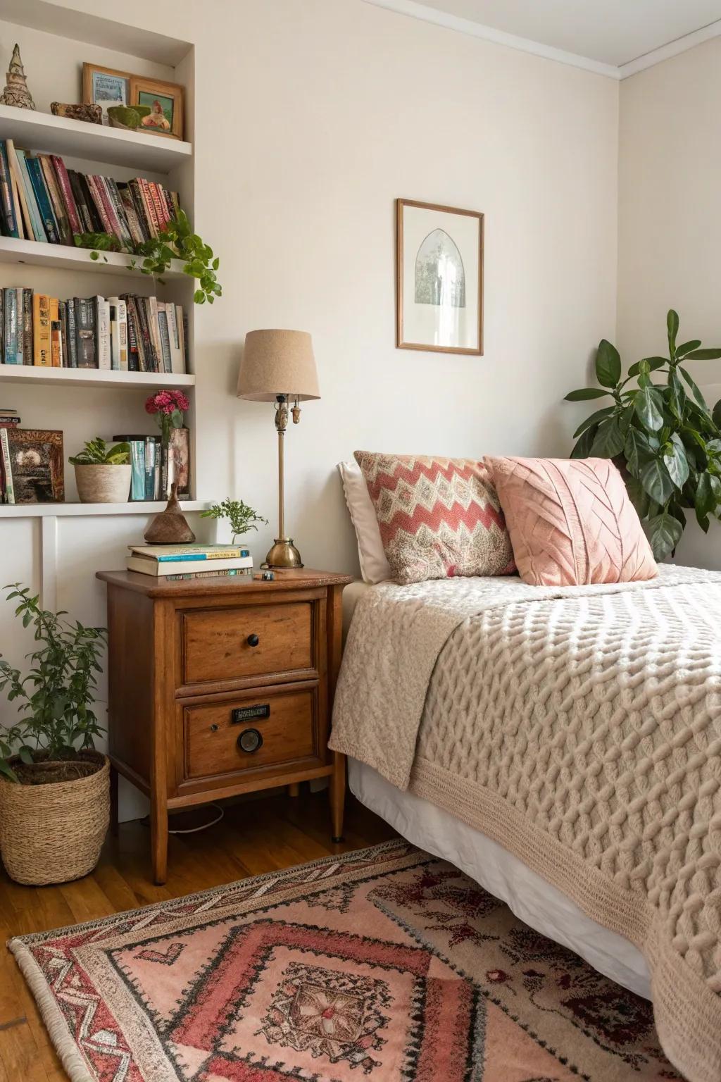 A compact bedroom showcasing a variety of textures for added visual interest.