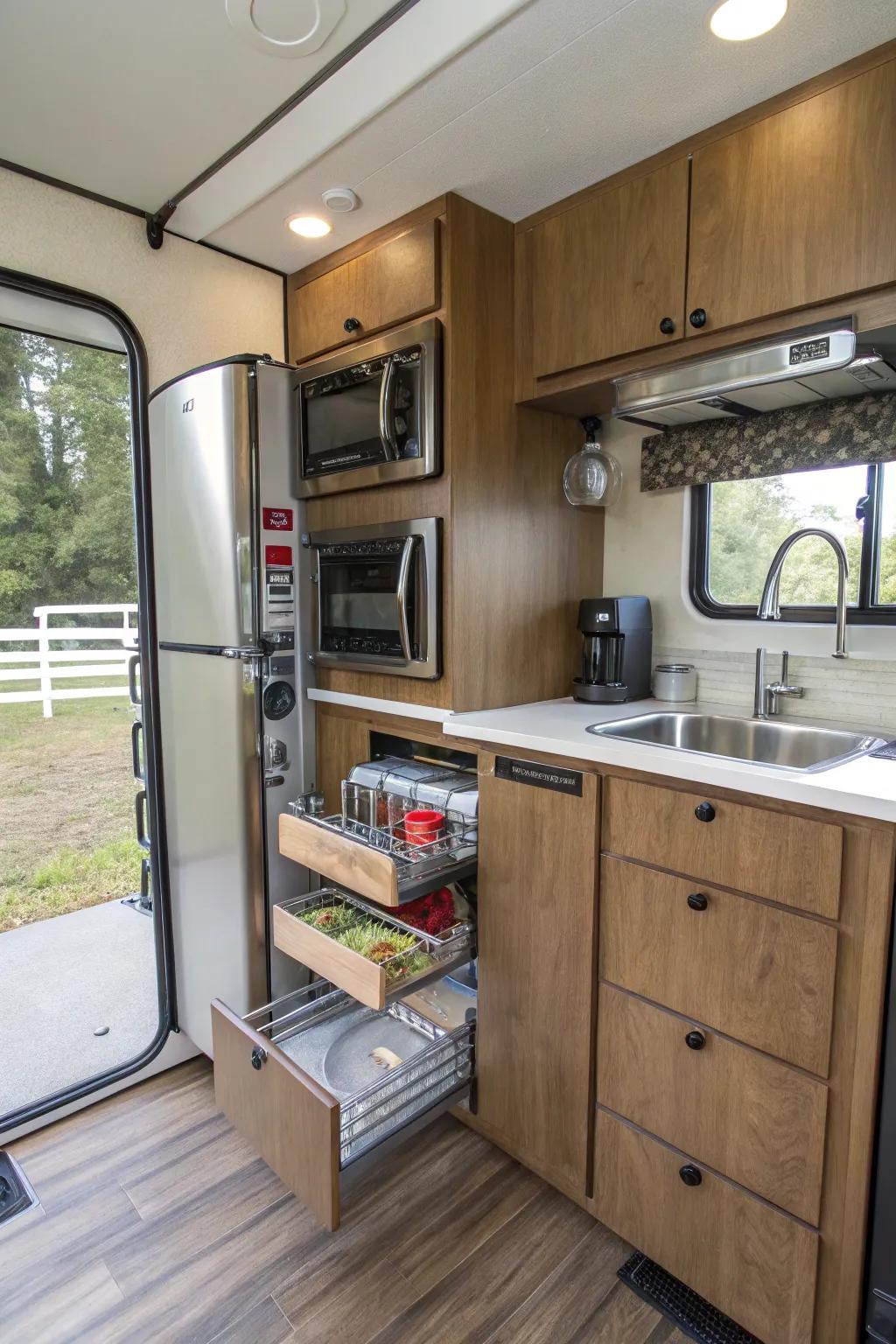 A pull-out pantry in a camper maximizes kitchen storage space.